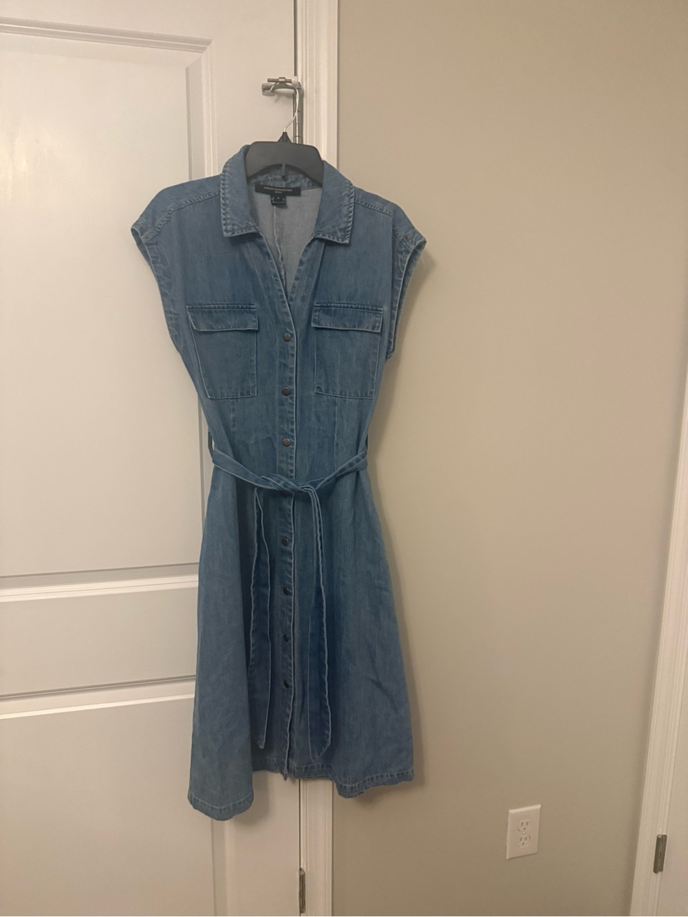 French Connection Light Blue Denim Shirt Dress with Tie Belt